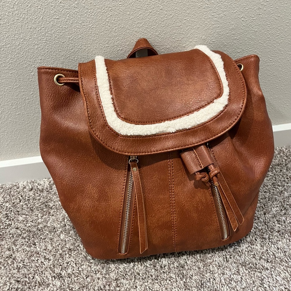 Chic Brown faux Leather Backpack with Cream Trim and mini wallet